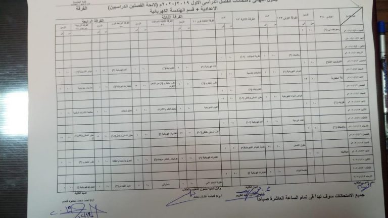 جدول امتحانات لفرقة اعدادى و قسم الهندسة الكهربية الفصل الدراسى الاول للعام الجامعى 2019-2020 م