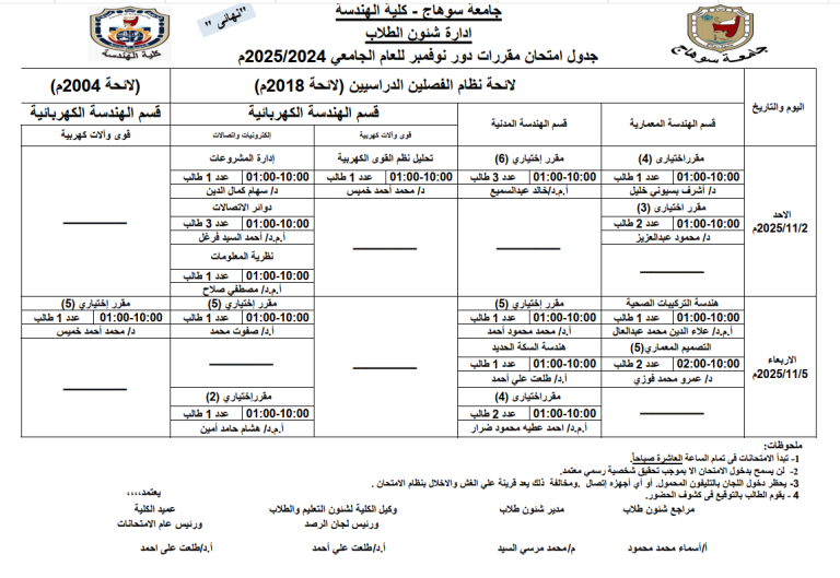 جدول الدور الثانى للعام الجامعى 2024-2025م