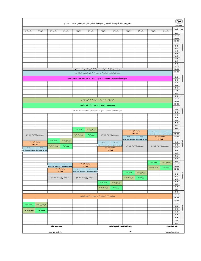 جدول الفصل الدراسى الثاني للعام الجامعي 2025-2026م لكليه الهندسة جامعة سوهاج