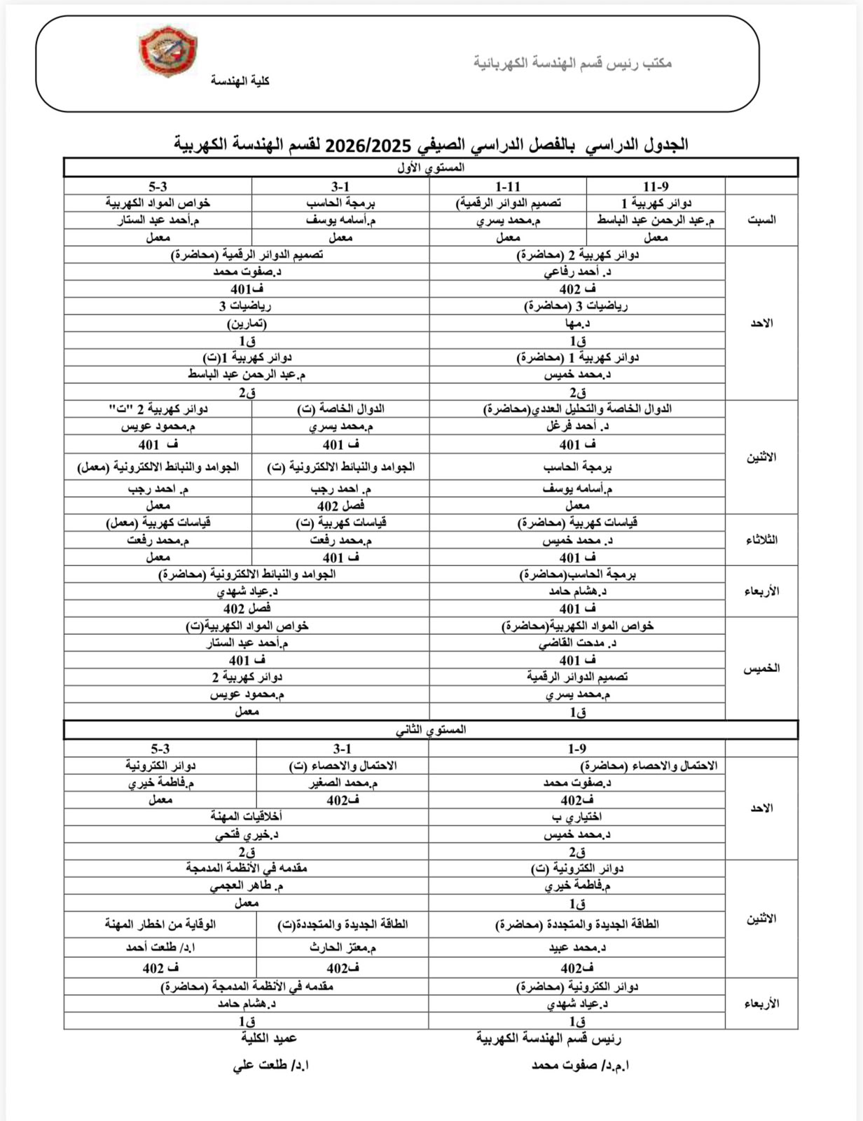 جداول الترم الصيفي للبرامج المختلفة للفصل الصيفي 2025/2026
