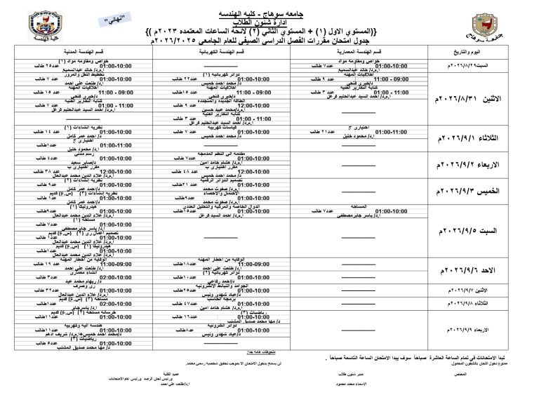 حدول امتحانات الفصل الدراسي الصيفي للعام الجامعي 2026/2025