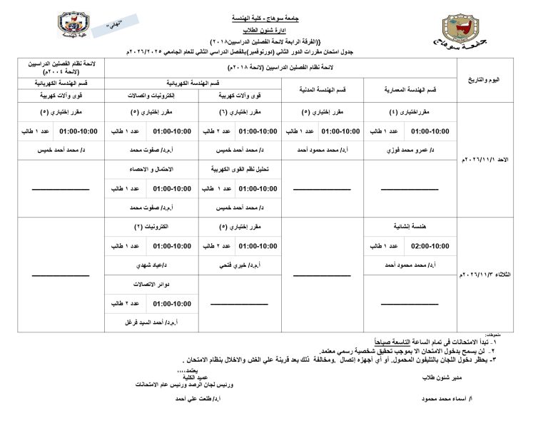 جدول امتحان مقررات الدور الثاني (دور نوفمبر)بالفصل الدراسي الثاني للعام الجامعي 2026/2025م